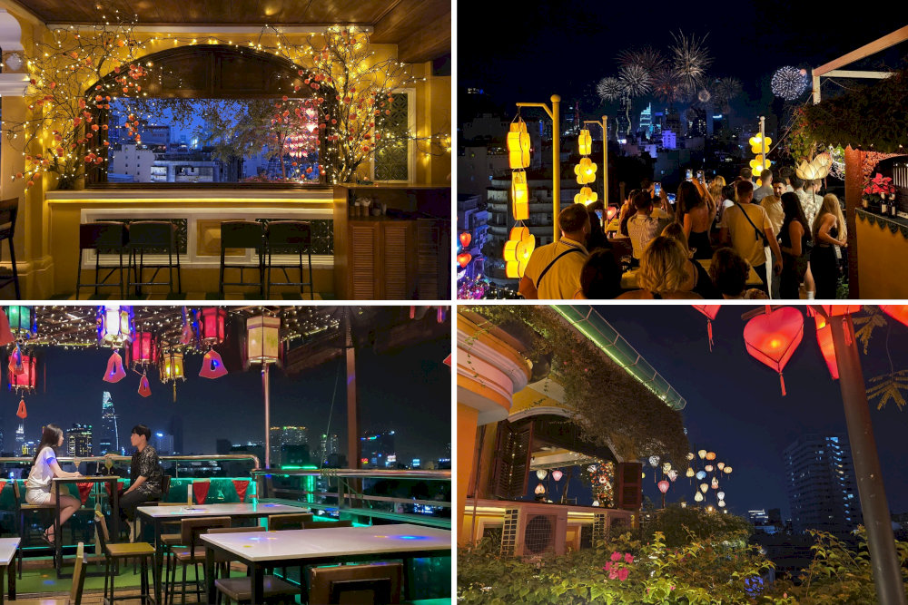 從寬闊的屋頂上俯瞰，在會安燈籠的照耀下，整個城市的景色浪漫而寧靜